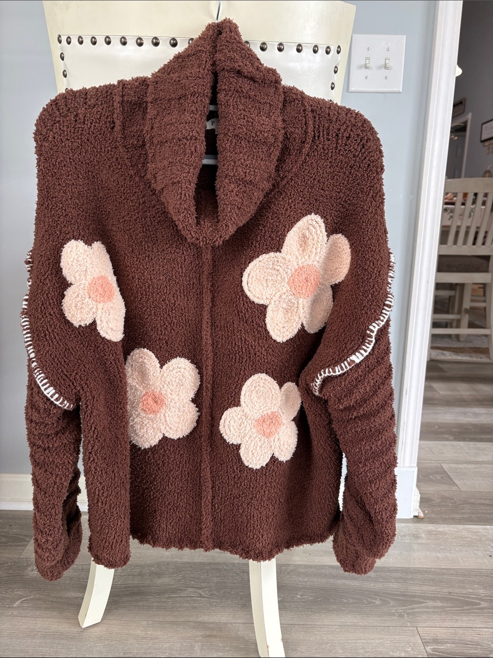 POL Brown Hooded Cardigan with Cream-Pink Floral Appliqués